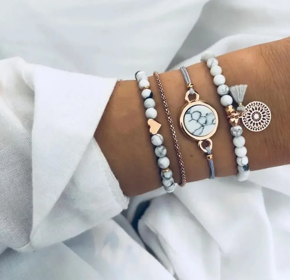 Bohemian Vacation Bracelet Set ~ 4 Pieces Tassel Heart Beaded Pastel Turquoise